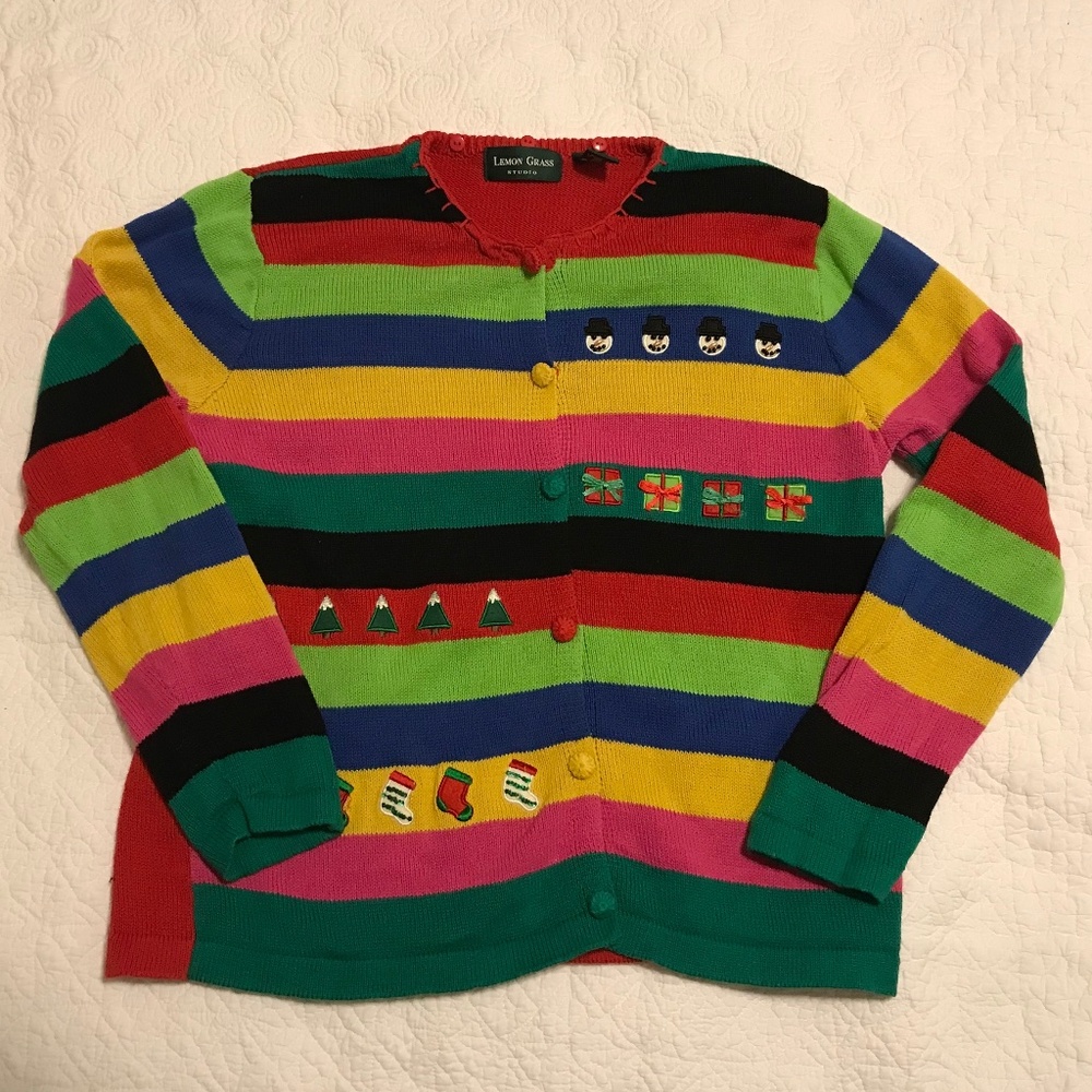 Vintage Lemon Grass holiday multicolor cardigan beaded & embroidered (L)